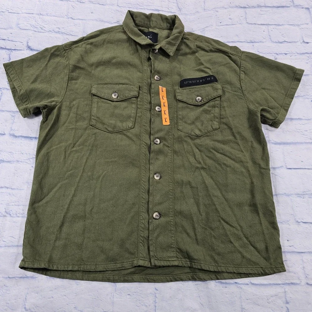 Zara Button Shirt MENS L Olive Green Short Sleeve Utility Gorpcore Pocket